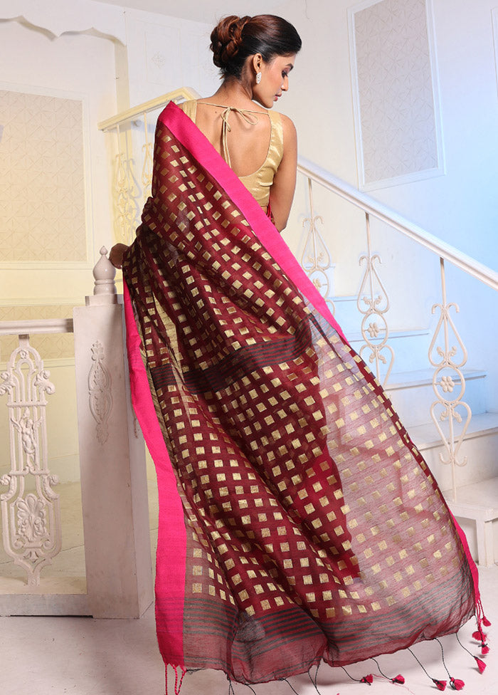 Maroon Cotton Saree With Blouse Piece - Indian Silk House Agencies