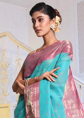 Turquoise Blue Pure Cotton Saree With Blouse Piece - Indian Silk House Agencies