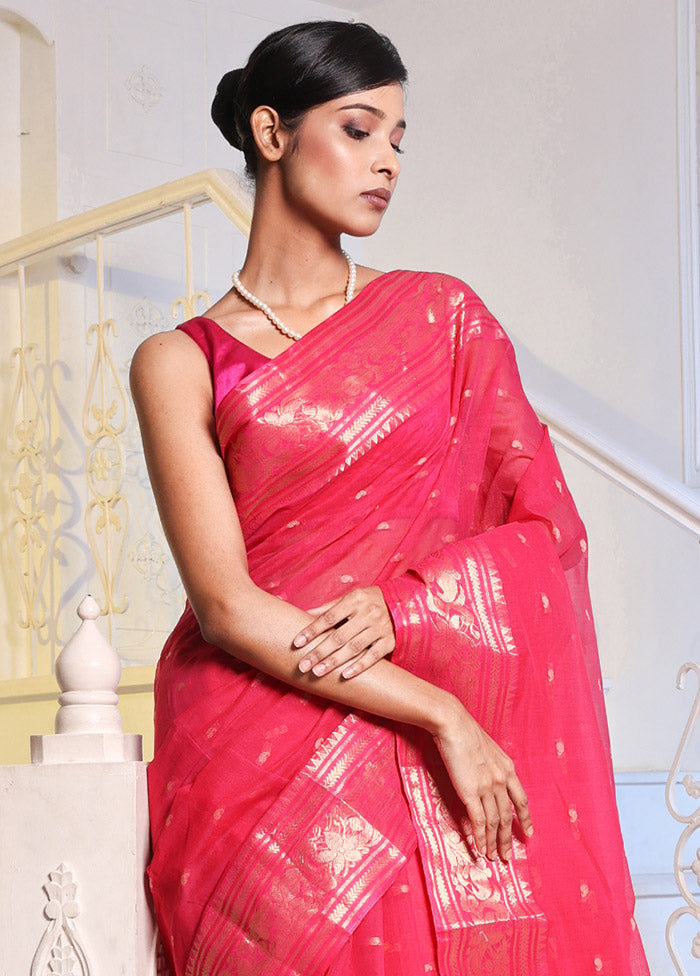 Hot Pink Pure Cotton Saree With Blouse Piece - Indian Silk House Agencies