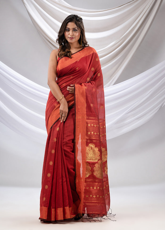 Brick Red Pure Cotton Saree With Blouse Piece - Indian Silk House Agencies