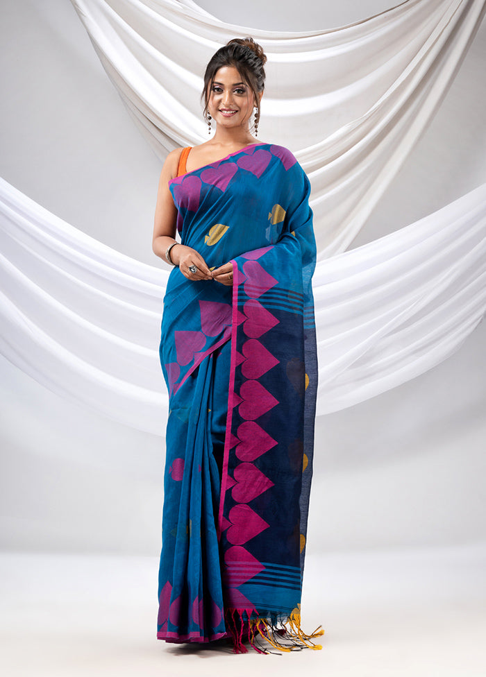 Blue Cotton Saree With Blouse Piece - Indian Silk House Agencies