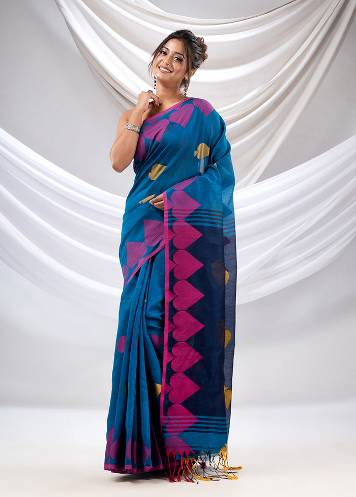 Blue Cotton Saree With Blouse Piece - Indian Silk House Agencies