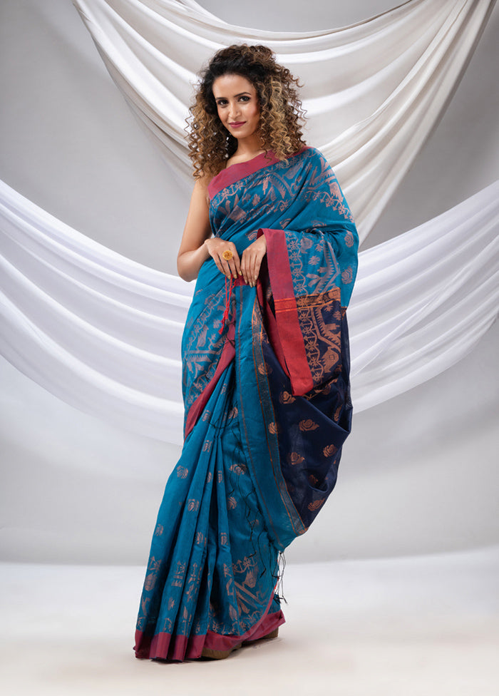 Teal Blue Cotton Saree With Blouse Piece - Indian Silk House Agencies