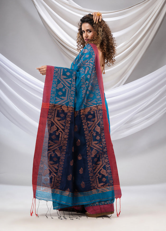 Teal Blue Cotton Saree With Blouse Piece - Indian Silk House Agencies