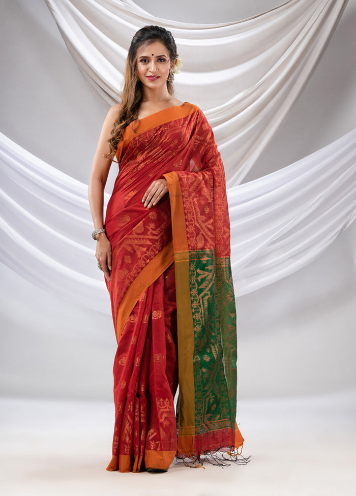 Red Cotton Saree With Blouse Piece - Indian Silk House Agencies