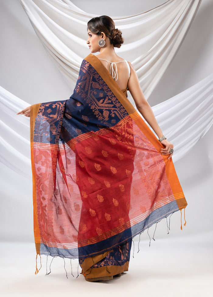 Navy Blue Cotton Saree With Blouse Piece - Indian Silk House Agencies