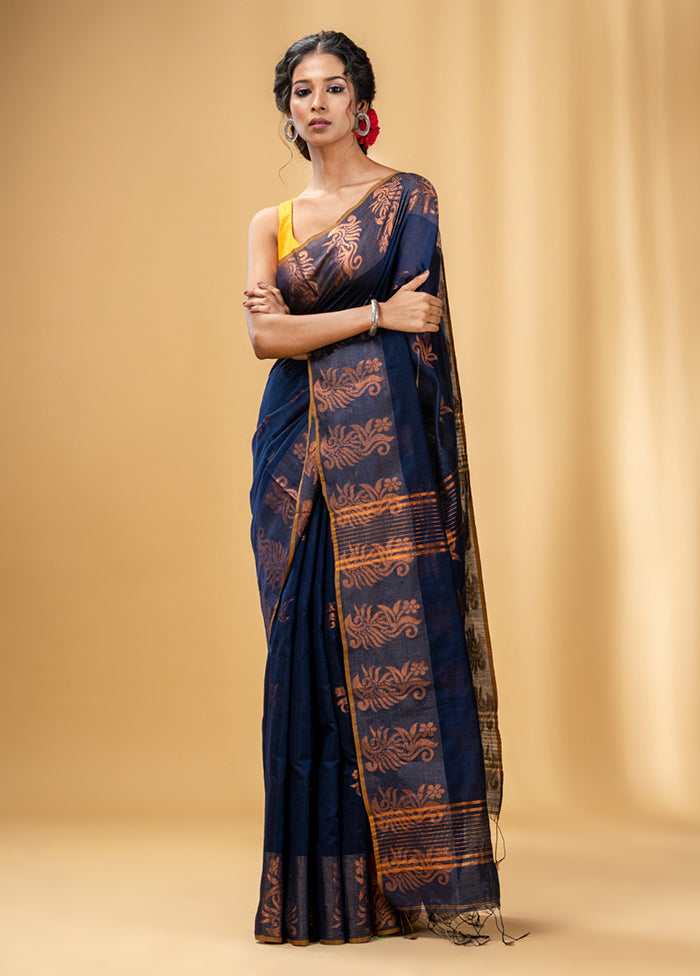 Navy Blue Cotton Saree With Blouse Piece - Indian Silk House Agencies