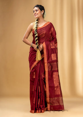 Maroon Cotton Saree With Blouse Piece - Indian Silk House Agencies