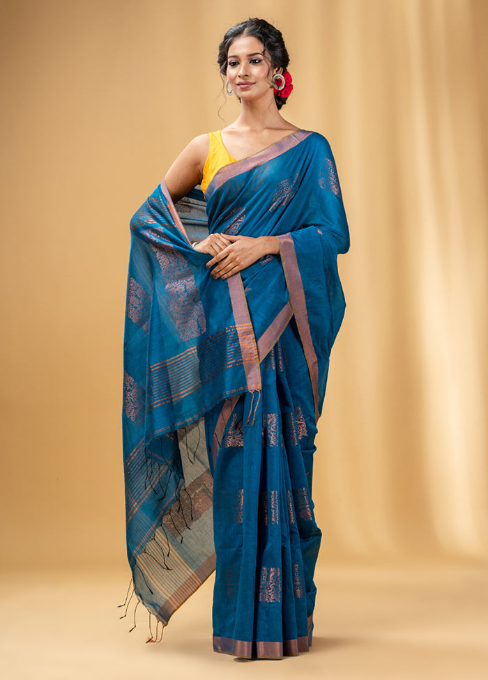 Blue Cotton Saree With Blouse Piece - Indian Silk House Agencies