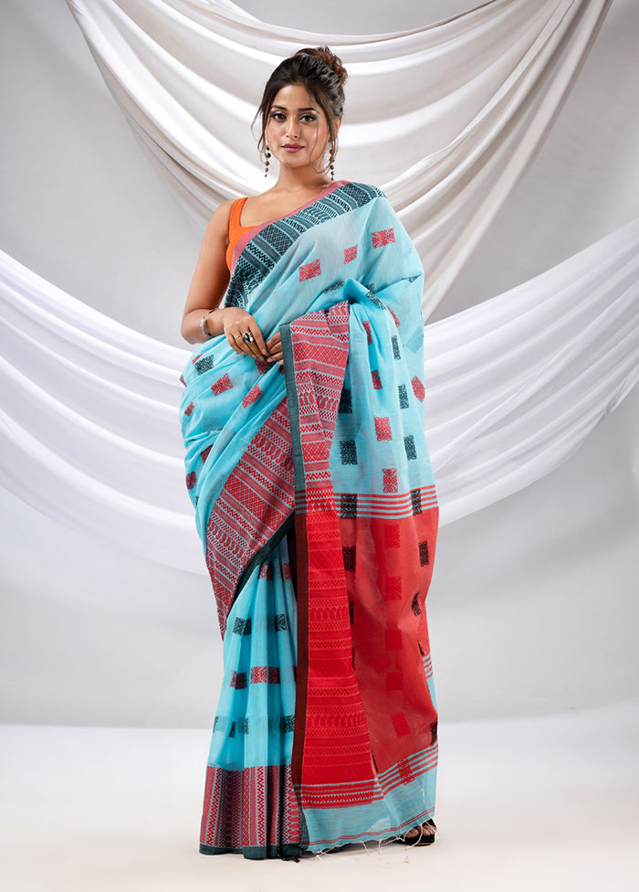 Blue Pure Cotton Saree With Blouse Piece - Indian Silk House Agencies