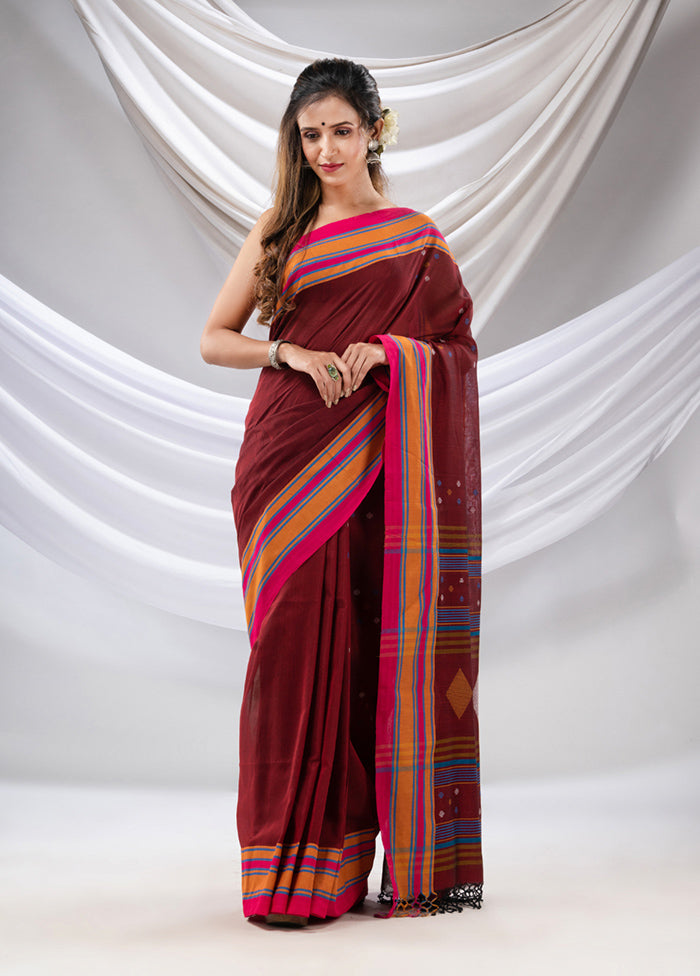 Maroon Pure Cotton Saree With Blouse Piece - Indian Silk House Agencies