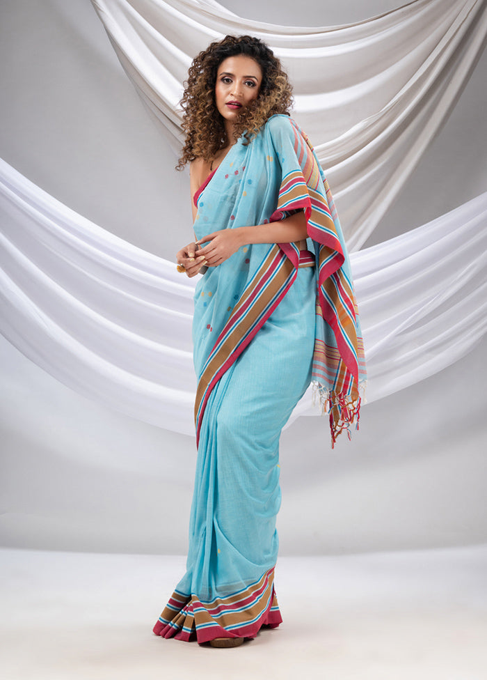 Sky Blue Pure Cotton Saree With Blouse Piece - Indian Silk House Agencies