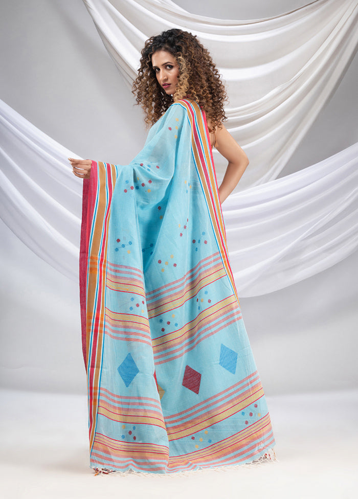 Sky Blue Pure Cotton Saree With Blouse Piece - Indian Silk House Agencies