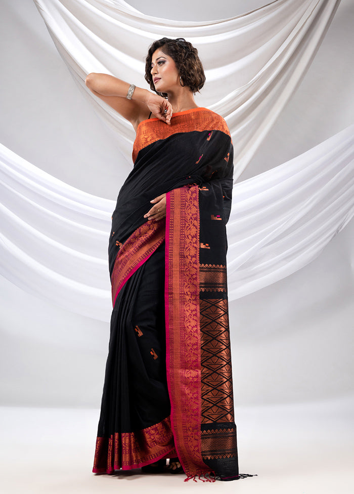 Black Pure Cotton Saree With Blouse Piece - Indian Silk House Agencies