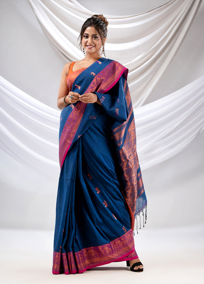 Blue Pure Cotton Saree With Blouse Piece - Indian Silk House Agencies