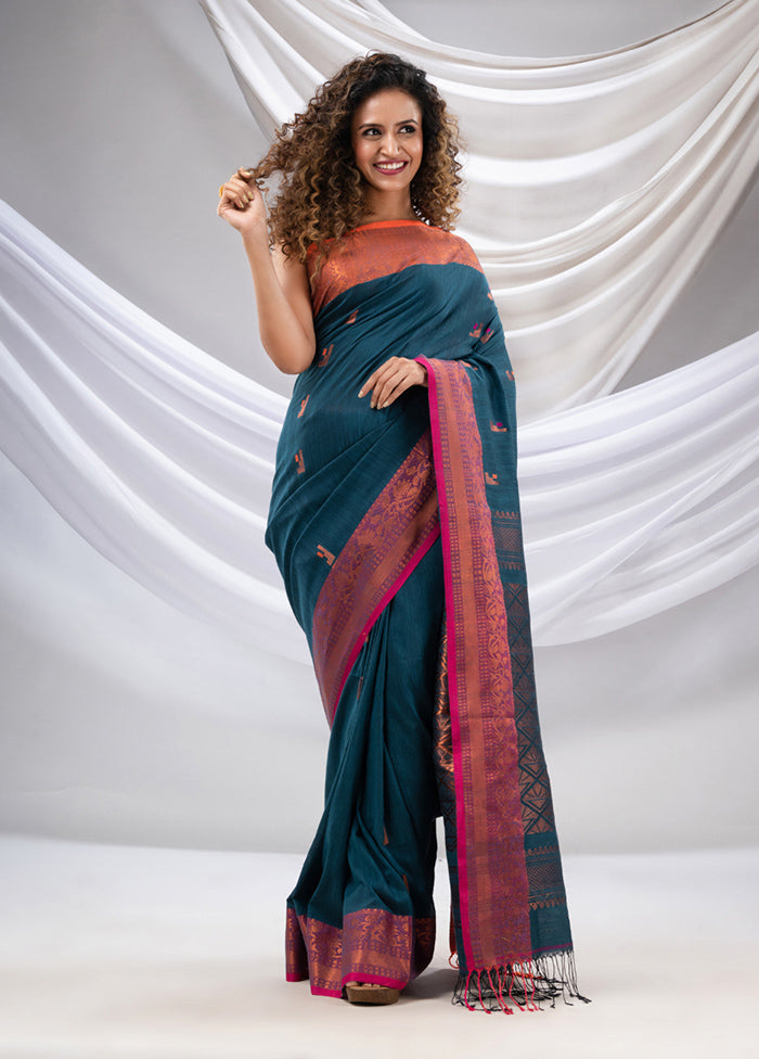 Blue Pure Cotton Saree With Blouse Piece - Indian Silk House Agencies