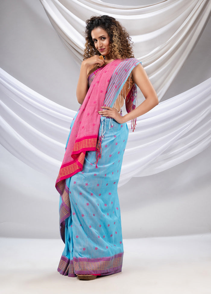 Sky Blue Pure Cotton Saree With Blouse Piece - Indian Silk House Agencies