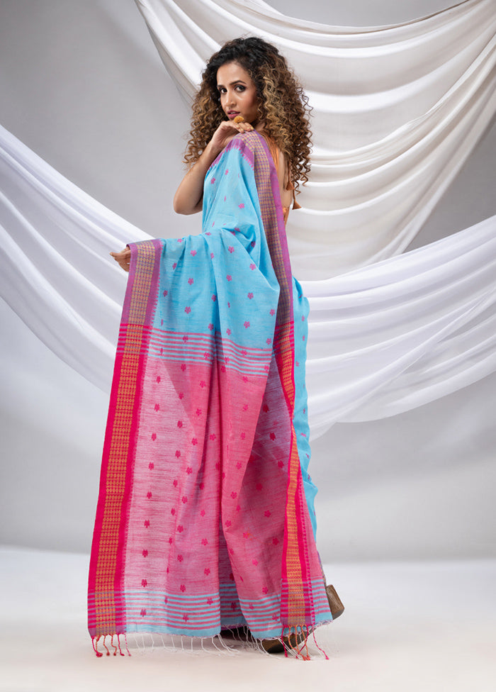 Sky Blue Pure Cotton Saree With Blouse Piece - Indian Silk House Agencies