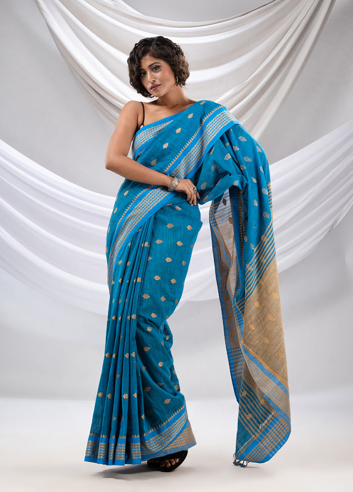 Blue Pure Cotton Saree With Blouse Piece - Indian Silk House Agencies