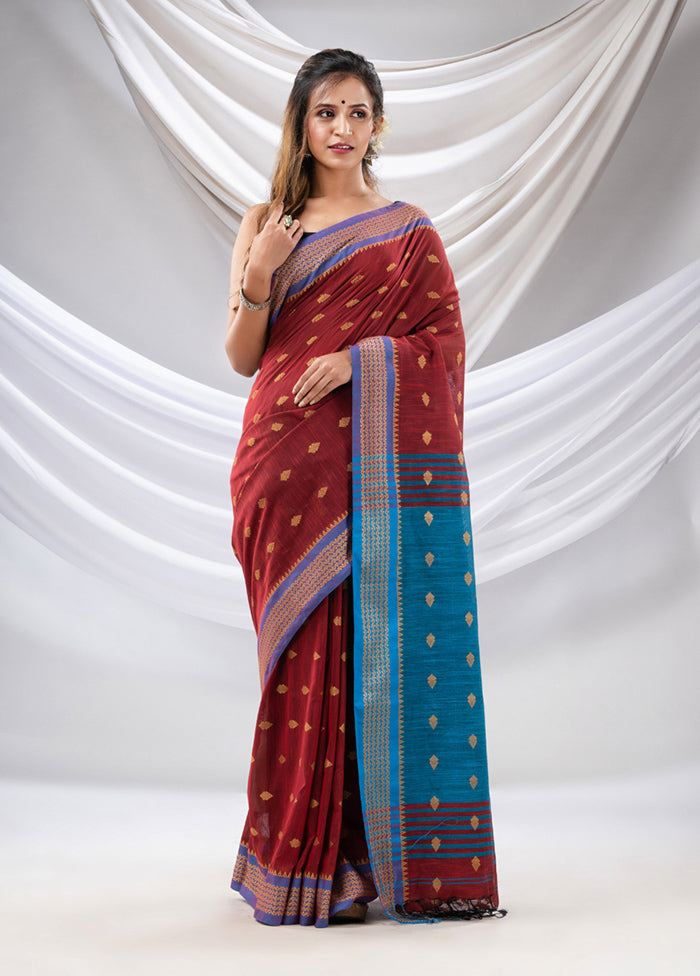 Dark Red Pure Cotton Saree With Blouse Piece - Indian Silk House Agencies