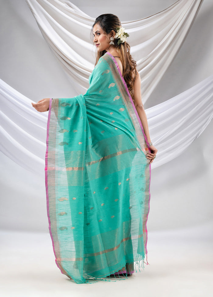 Sea Green Pure Cotton Saree With Blouse Piece - Indian Silk House Agencies