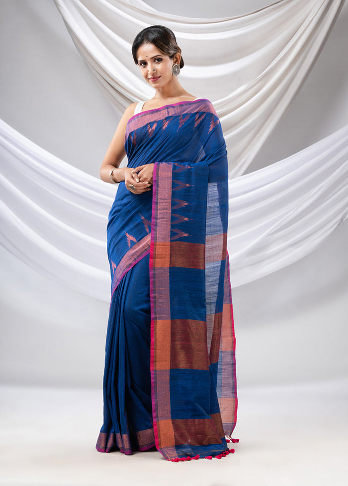 Blue Pure Cotton Saree With Blouse Piece - Indian Silk House Agencies