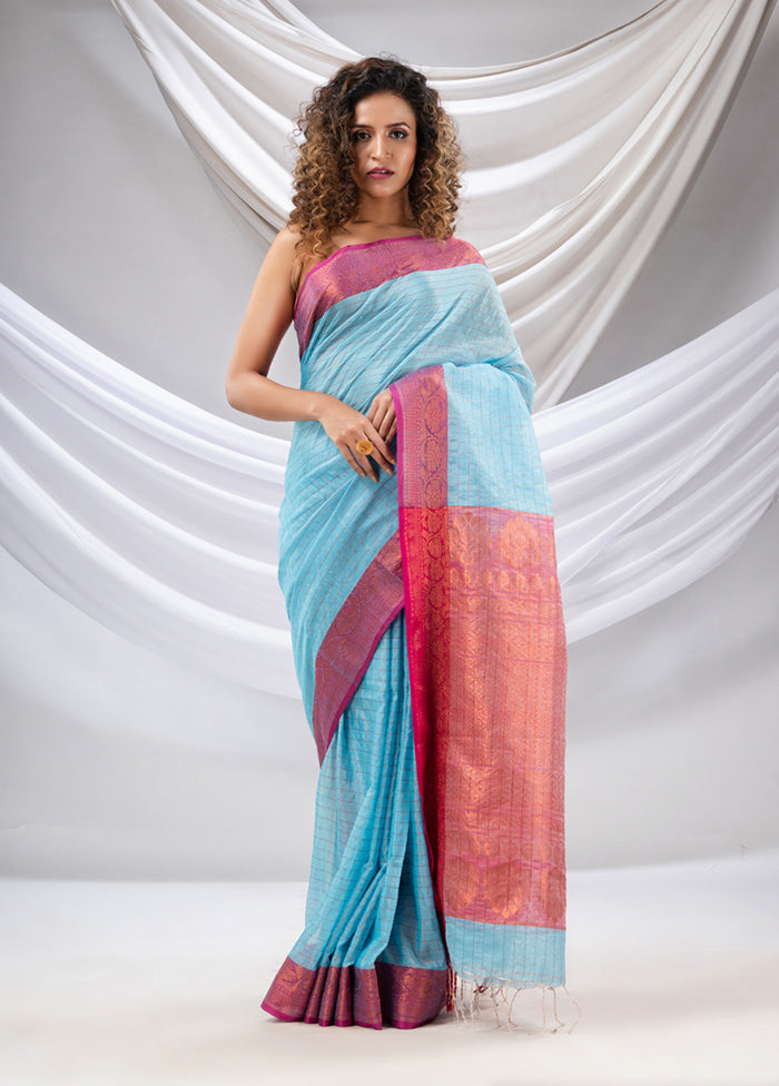 Sky Blue Spun Silk Saree With Blouse Piece - Indian Silk House Agencies
