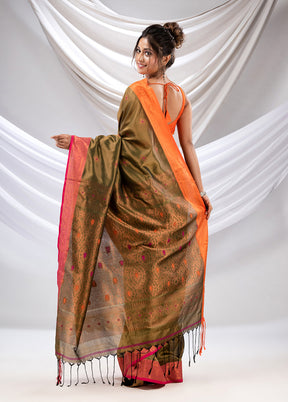 Olive Green Spun Silk Saree With Blouse Piece - Indian Silk House Agencies