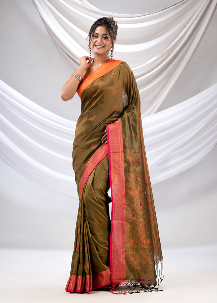 Olive Green Spun Silk Saree With Blouse Piece - Indian Silk House Agencies