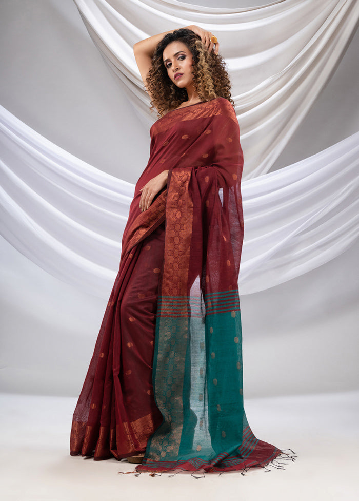 Maroon Cotton Saree With Blouse Piece - Indian Silk House Agencies