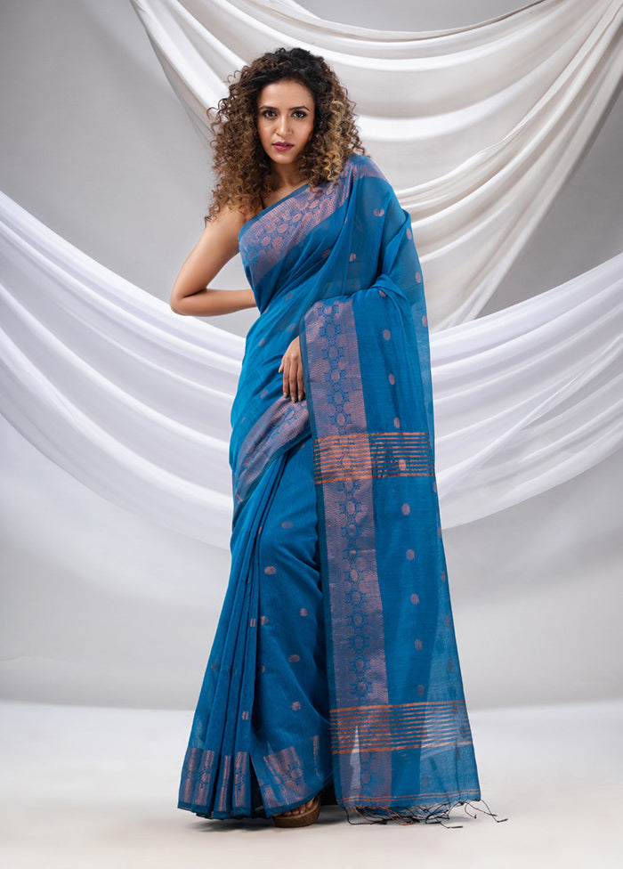 Blue Cotton Saree With Blouse Piece - Indian Silk House Agencies