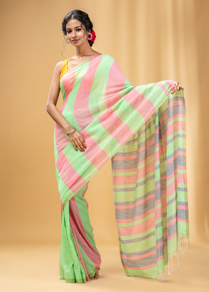 Light Green Cotton Saree With Blouse Piece - Indian Silk House Agencies