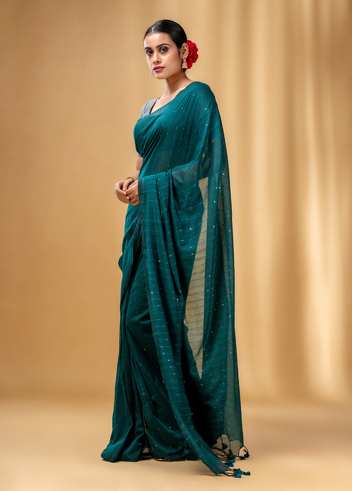 Teal Cotton Saree With Blouse Piece - Indian Silk House Agencies