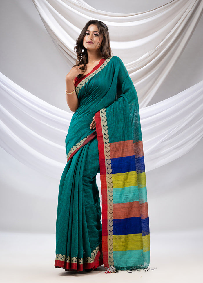 Teal Dupion Pure Silk Saree With Blouse Piece - Indian Silk House Agencies