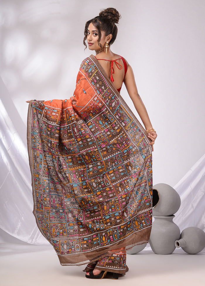 Orange Spun Pure Silk Saree With Blouse Piece - Indian Silk House Agencies