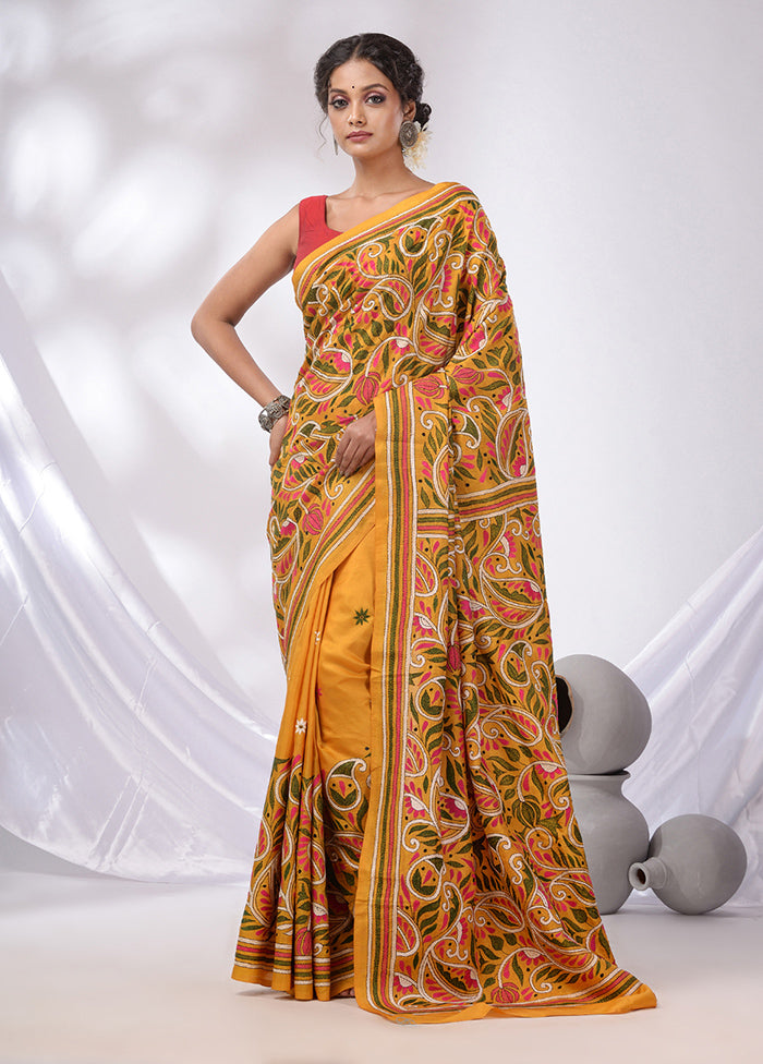 Yellow Spun Pure Silk Saree With Blouse Piece - Indian Silk House Agencies