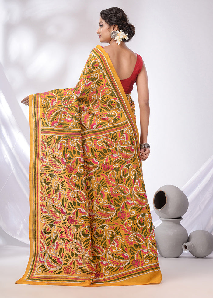 Yellow Spun Pure Silk Saree With Blouse Piece - Indian Silk House Agencies
