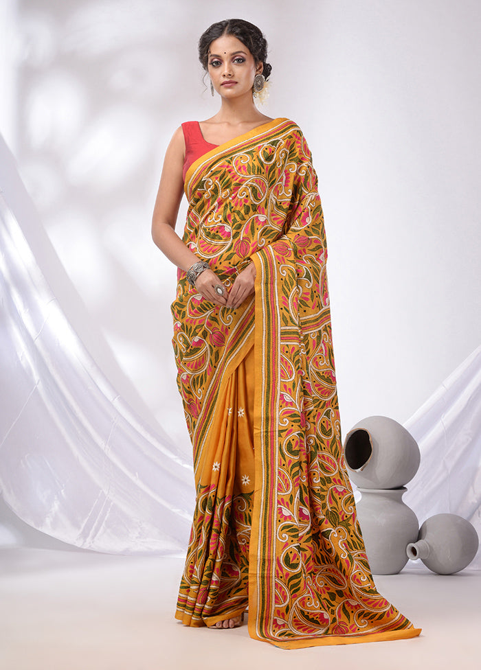 Yellow Spun Pure Silk Saree With Blouse Piece - Indian Silk House Agencies