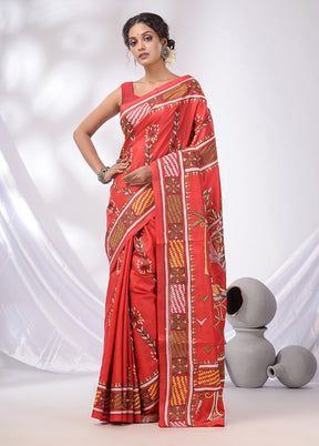 Red Spun Pure Silk Saree With Blouse Piece - Indian Silk House Agencies