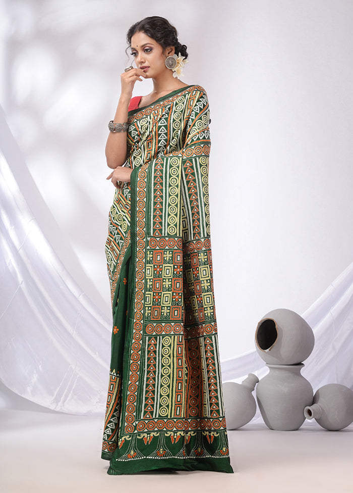 Green Spun Pure Silk Saree With Blouse Piece - Indian Silk House Agencies