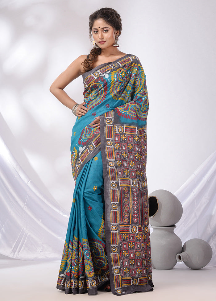 Blue Spun Pure Silk Saree With Blouse Piece - Indian Silk House Agencies