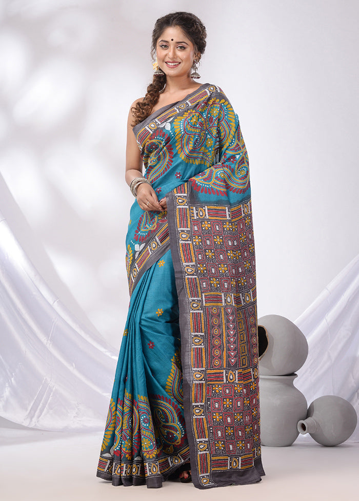 Blue Spun Pure Silk Saree With Blouse Piece - Indian Silk House Agencies