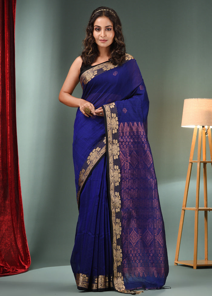 Royal Blue Cotton Saree With Blouse Piece - Indian Silk House Agencies