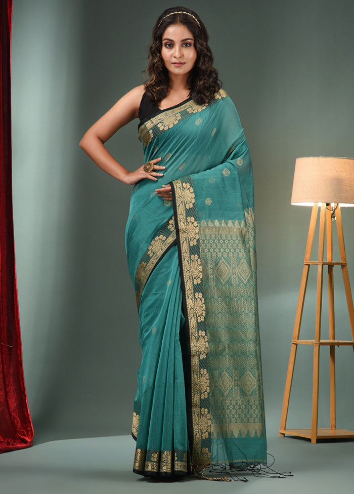 Teal Cotton Saree With Blouse Piece - Indian Silk House Agencies