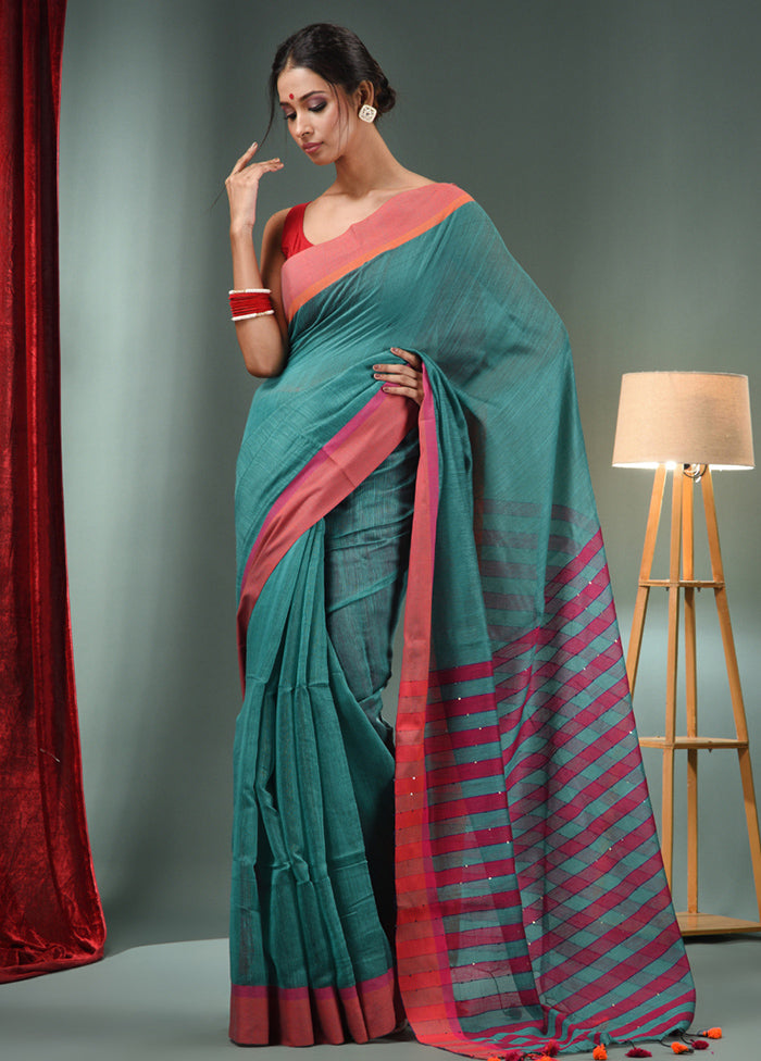 Teal Cotton Saree With Blouse Piece - Indian Silk House Agencies