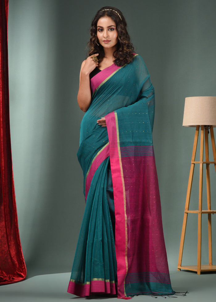 Teal Green Cotton Saree With Blouse Piece - Indian Silk House Agencies