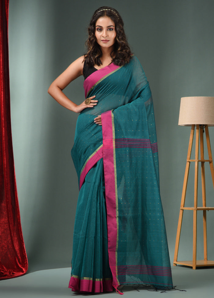 Teal Green Cotton Saree With Blouse Piece - Indian Silk House Agencies