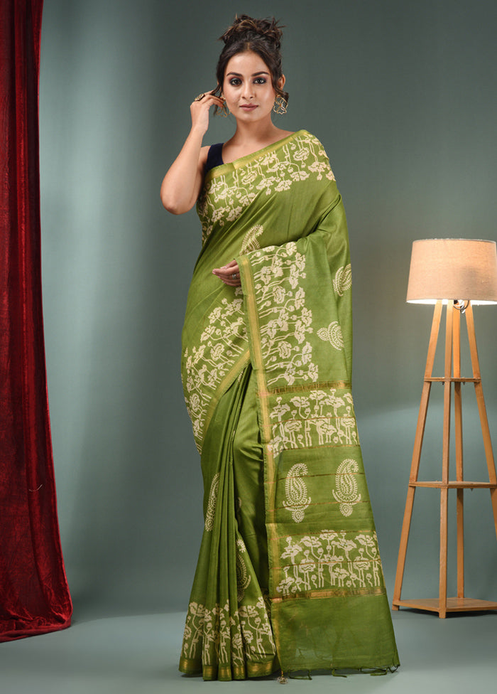 Light Green Dupion Silk Saree With Blouse Piece - Indian Silk House Agencies