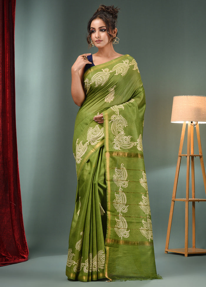 Light Green Dupion Silk Saree With Blouse Piece - Indian Silk House Agencies