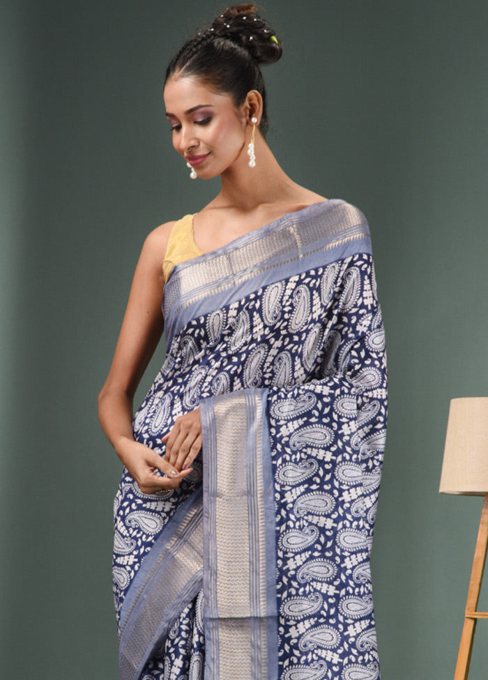 Blue Dupion Silk Saree With Blouse Piece - Indian Silk House Agencies